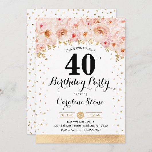 40ste verjaardagsfeestje - gouden bloemen kaart (Voorkant / Achterkant)