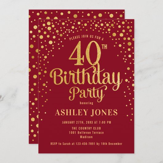 40ste verjaardagsfeestje - rood & goud kaart (Voorkant / Achterkant)