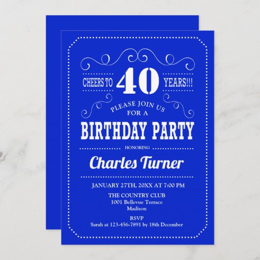 40ste verjaardagsfeestje - Royal Blue White Kaart (Voorkant / Achterkant)