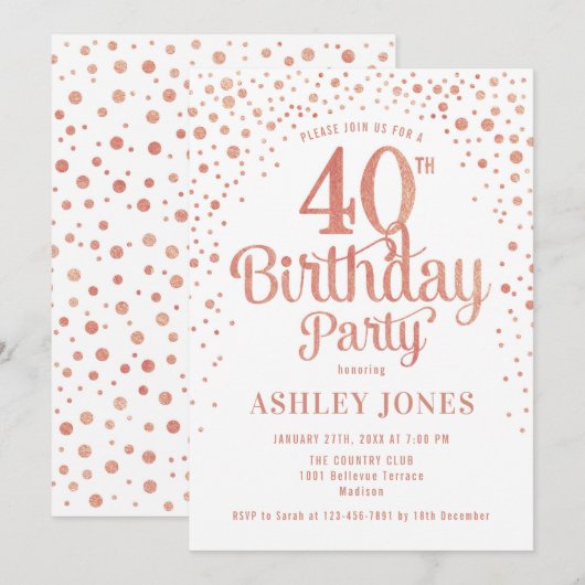 40ste verjaardagsfeestje - Wit & Roos Gold Kaart (Voorkant / Achterkant)