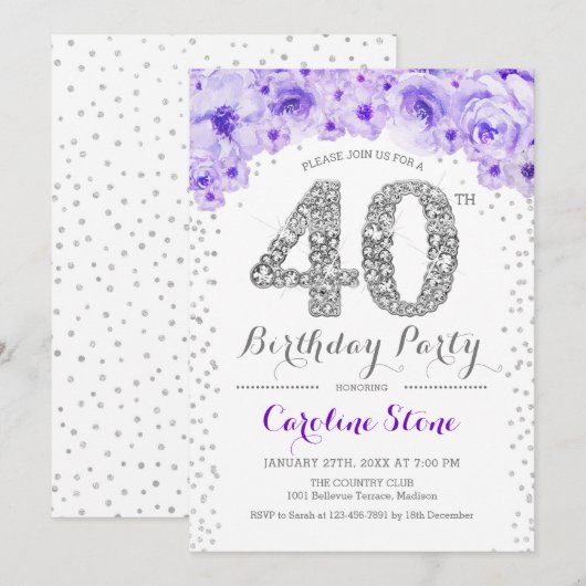 40ste verjaardagsfeestje - wit zilver Paarse Kaart (Voorkant / Achterkant)