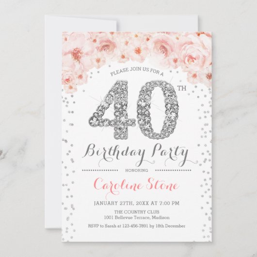 40ste verjaardagsfeestje - wit zilver roze kaart (Voorkant)