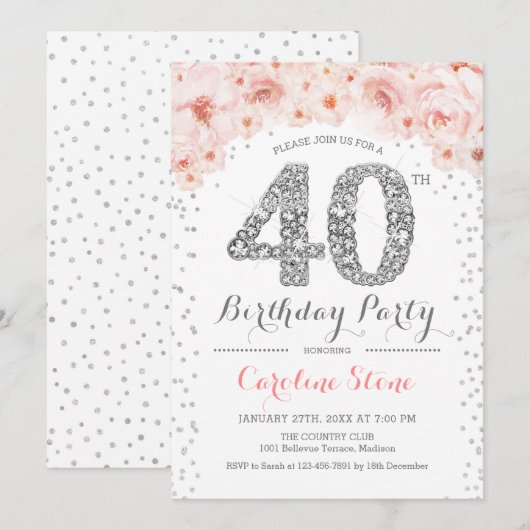 40ste verjaardagsfeestje - wit zilver roze kaart (Voorkant / Achterkant)