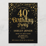 40ste verjaardagsfeestje - Zwart & Goud Kaart<br><div class="desc">Uitnodiging voor het 40e verjaardagsfeestje. Elegant design in zwart en faux glitter goud. Beschikt over stijlvol scriptlettertype en confetti. Stuur me een bericht als je aangepaste leeftijd nodig hebt.</div>