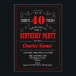 40ste verjaardagsfeestje - Zwart Rood Wit Kaart<br><div class="desc">Uitnodiging voor het 40e verjaardagsfeestje. Elegant zwart,  rood,  wit retro ontwerp met krijtbordpatroon en scriptlettertype. Proost op 40 jaar! Stuur me een bericht als je verder moet worden aangepast.</div>