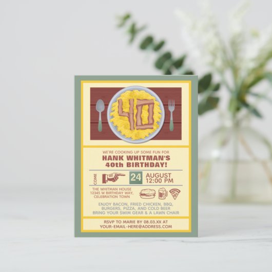 40ste verparty voor mannen leuke bacon thema uitnodiging briefkaart (Staand voorkant)