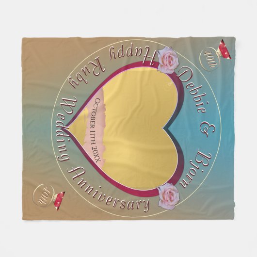40th,15th Ruby Photo Wedding Jubileum Fleece Deken (Voorkant (Horizontaal))