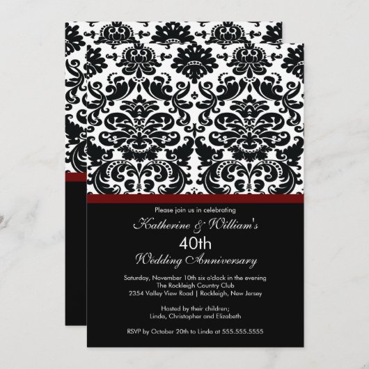 40th Anniversary Damask Uitnodiging Merlot Rood (Voorkant / Achterkant)