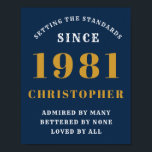 40th Birthday 1981 Blue Gold For Him Personalized Poster<br><div class="desc">A personalized classic poster design for that birthday celebration for a special person born in 1981 and turning 40. Add the name to this vintage retro style blue and gold design for a custom 40th birthday gift. Easily edit the name and year with the template provided. A wonderful custom blue...</div>