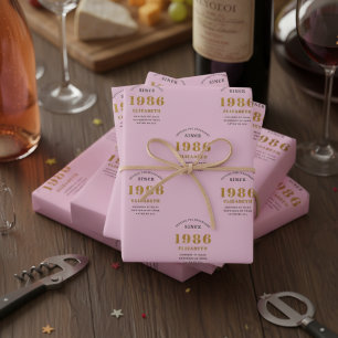 40th Birthday 1985 Voeg naam toe Pink Grey Inpakpapier Vel