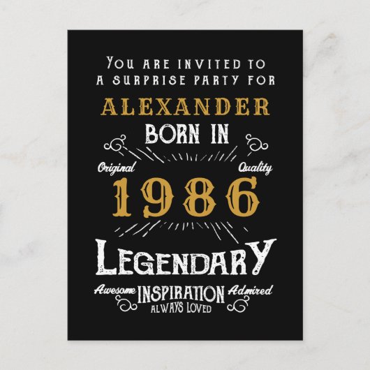40th Birthday 1986 Black Gold Legend Invitation Briefkaart (Voorkant)