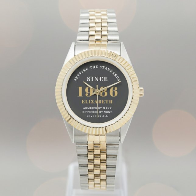 40th Birthday 1986 Elegant Black White Chic Horloge (Born 1986 birthday watch. Background out of focus.)