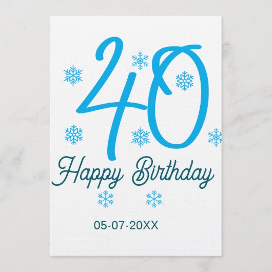 40th birthday add name date year blue template kaart (Voorkant)