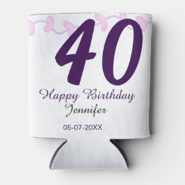 40th birthday add name date year purple floral pin blikjeskoeler