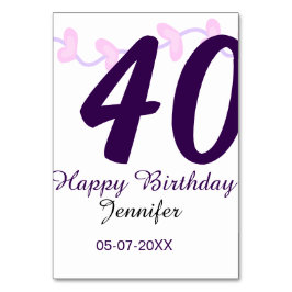 40th birthday add name date year purple floral pin kaart
