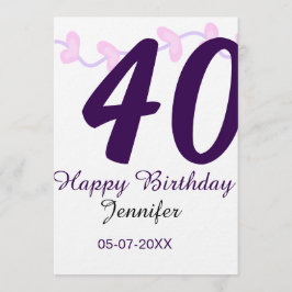 40th birthday add name date year purple floral pin kaart