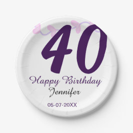40th birthday add name date year purple floral pin papieren bordje