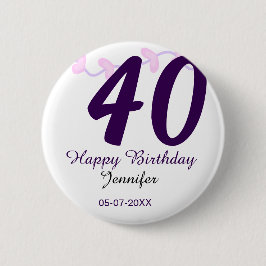 40th birthday add name date year purple floral pin ronde button 5,7 cm