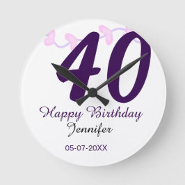 40th birthday add name date year purple floral pin ronde klok