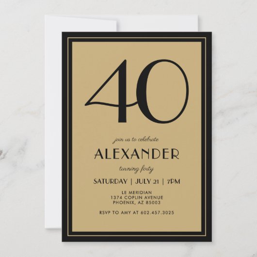 40th Birthday Adult Black and Gold Modern Minimal Kaart (Voorkant)