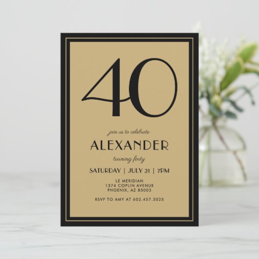 40th Birthday Adult Black and Gold Modern Minimal  Kaart (Staand voorkant)