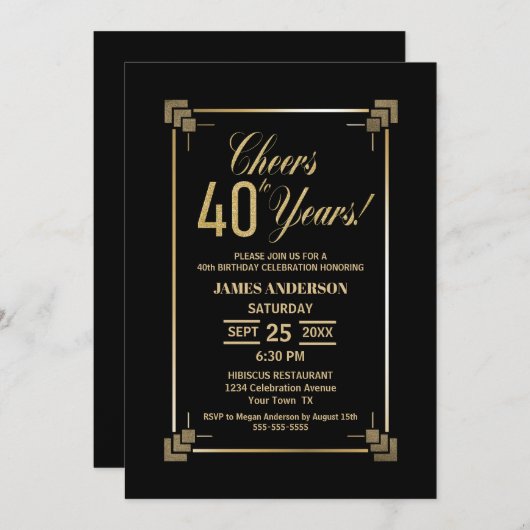 40th Birthday Black and Gold Party Invitation Kaart (Voorkant / Achterkant)