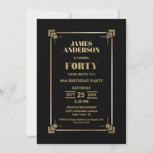 40th Birthday Black and Gold Party Invitation Kaart