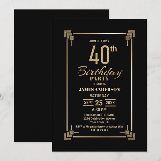 40th Birthday Black and Gold Party Invitation Kaart (Voorkant / Achterkant)