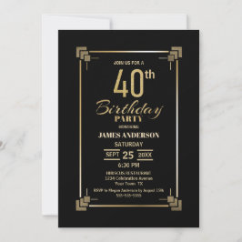 40th Birthday Black and Gold Party Invitation Kaart