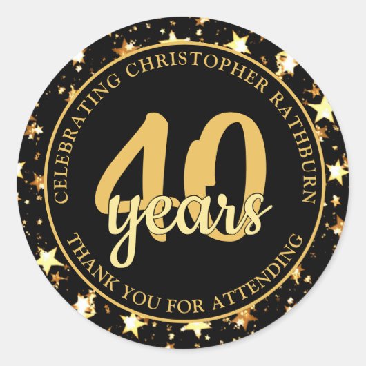 40th Birthday Black and Gold Stars DANK U Ronde Sticker (Voorkant)