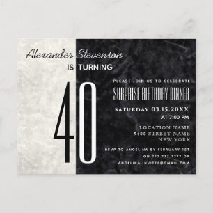40th Birthday Black and White Marble Invitation Feestdagenkaart