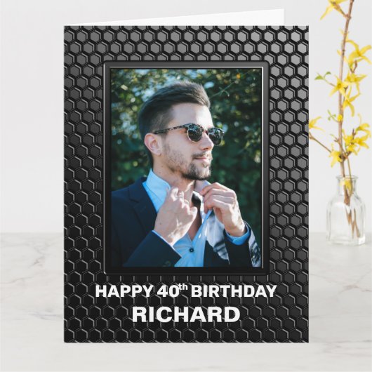 40th Birthday Black Geometric Pattern Custom Photo Kaart (Gele Bloem)
