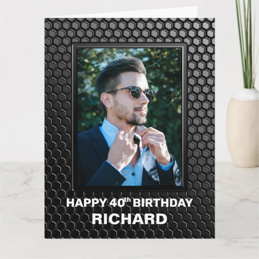 40th Birthday Black Geometric Pattern Custom Photo Kaart (Voorkant)