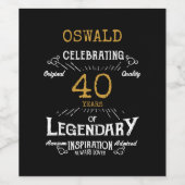 40th Birthday Black Gold Legendary Funny Wijn Etiket (Enkel label)
