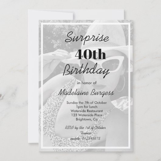 40th Birthday Black White Photo Lijst Modern Chic Kaart (Achterkant)