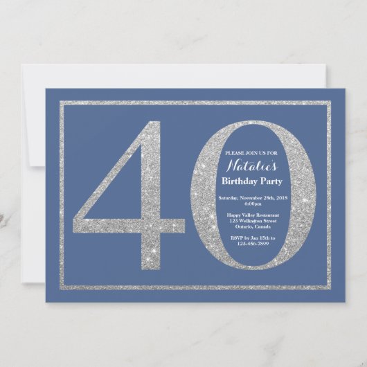 40th Birthday Blue en Silver Glitter Kaart (Voorkant)