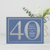 40th Birthday Blue en Silver Glitter Kaart (Staand voorkant)