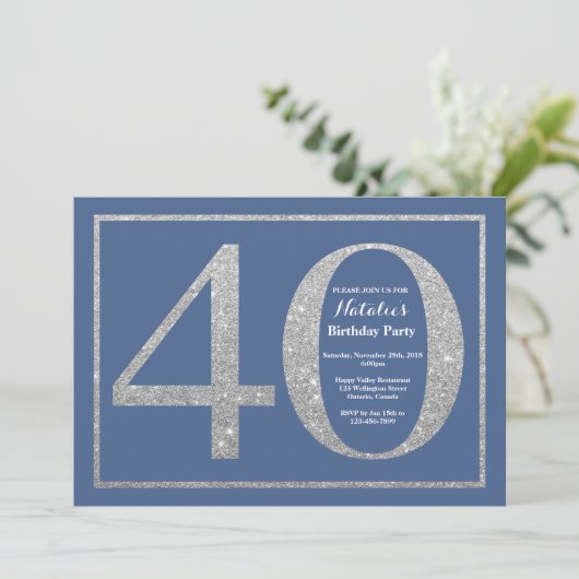 40th Birthday Blue en Silver Glitter Kaart (Staand voorkant)