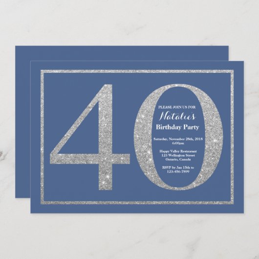 40th Birthday Blue en Silver Glitter Kaart (Voorkant / Achterkant)