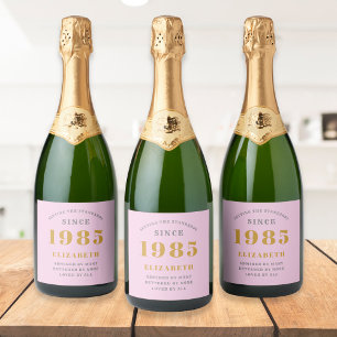 40th Birthday Born 1985 Voeg naam toe Pink Grey Sparkling Wijnetiket