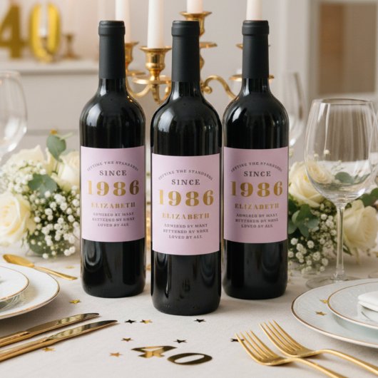 40th Birthday Born 1985 Voeg naam toe Pink Grey Wijn Etiket