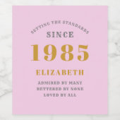 40th Birthday Born 1985 Voeg naam toe Pink Grey Wijn Etiket (Enkel label)