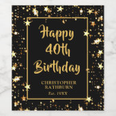 40th Birthday Brush Script Zwart Goud Sterren Wijn Etiket (Enkel label)