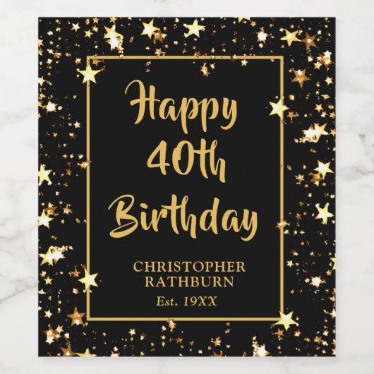 40th Birthday Brush Script Zwart Goud Sterren Wijn Etiket (Enkel label)