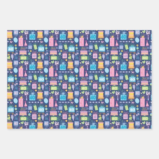 40th Birthday Cake Cadeaus Ballonnen Blauw Inpakpapier Vel (Voorkant)