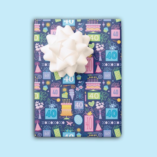 40th Birthday Cake Cadeaus Ballonnen Blauw Inpakpapier Vel