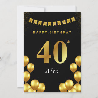 40th Birthday Card Black and Gold Balloons Kaart