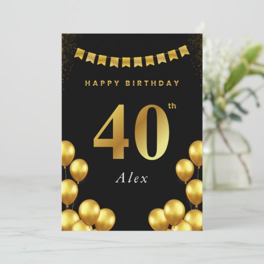 40th Birthday Card Black and Gold Balloons Kaart (Staand voorkant)