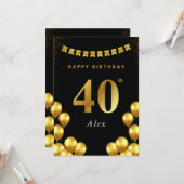 40th Birthday Card Black and Gold Balloons Kaart (Voorkant / Achterkant in situ)