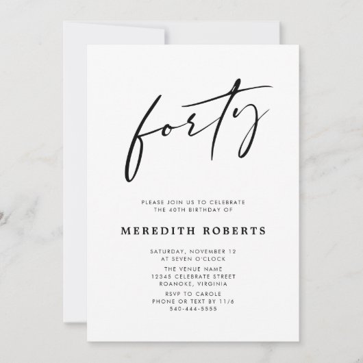 40th Birthday Chic Modern Script Minimalist Party Kaart (Voorkant)